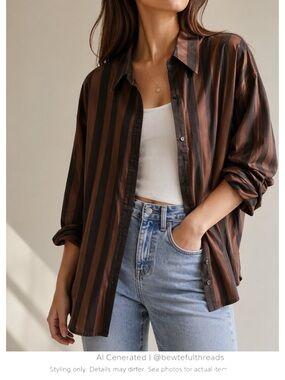 Brown Black Stripe Oversized Shirt Relaxed Minimalist Casual Layering